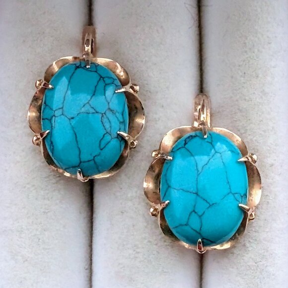 LARGE Russian Russia 14K Rose Pink Gold Turquoise Cabochon Pierced Earrings - Picture 6 of 15